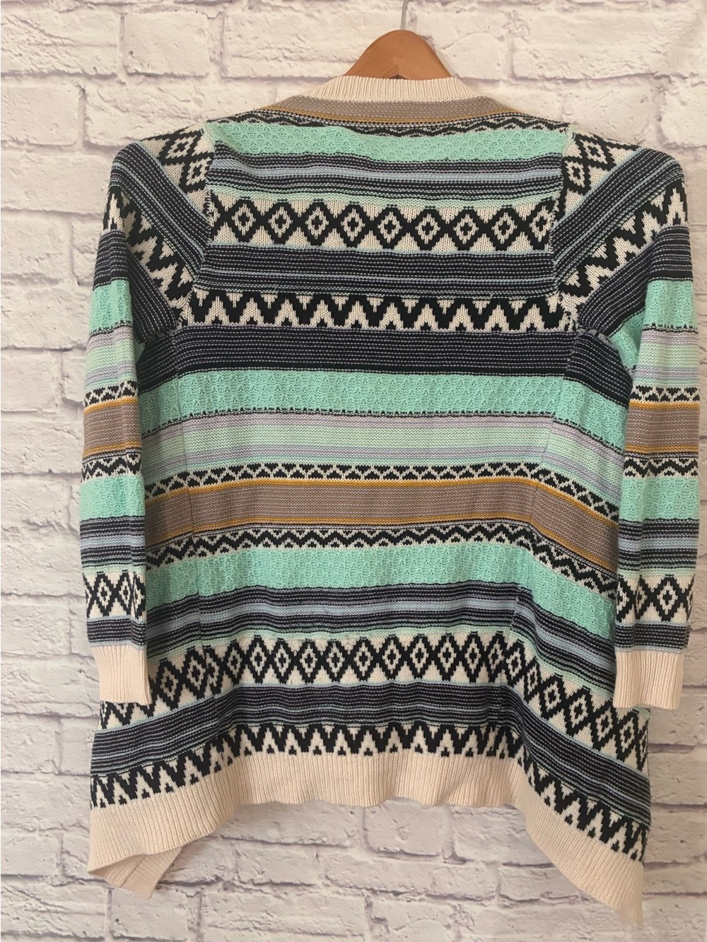 Alya Patterned Open-Front Knit Cardigan Sweater in Mint and Cream Medium - Picture 5 of 5